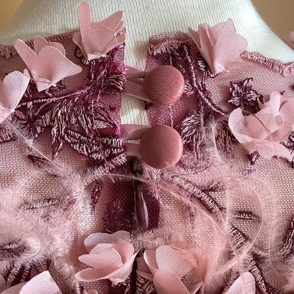 LOVEMATTERS Matthew Donnelly Pink Silk Floral Appliqué Jumpsuit Small 6 Mesh - Picture 10 of 16